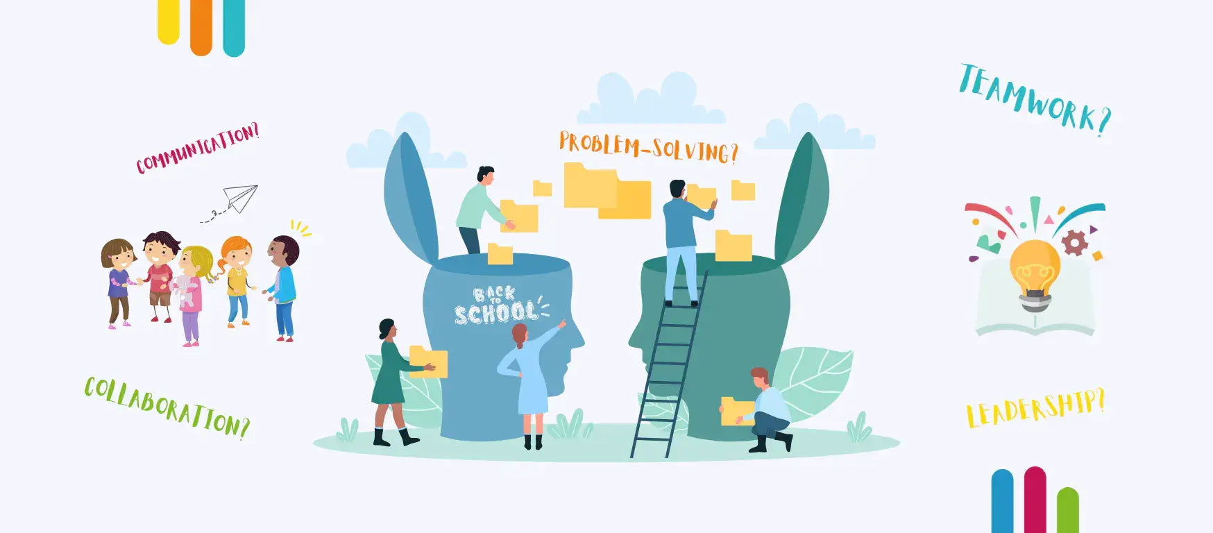 Illustration showcasing educators and students developing transferable skills like teamwork, leadership, and problem-solving for back to school.