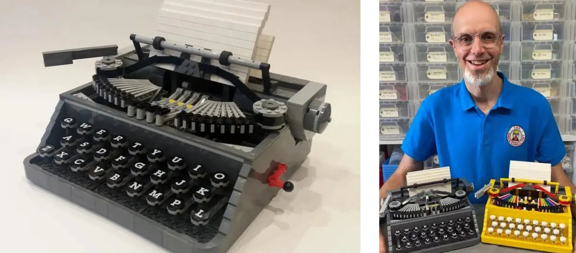 LEGO typewriter model created by Steve Guinness, showcased alongside the trainer holding additional LEGO creations.