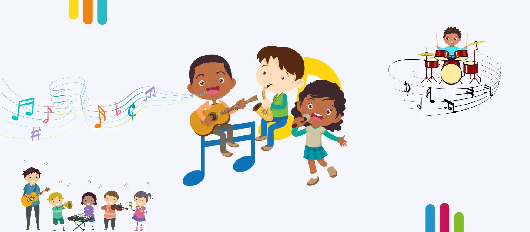 Illustration of children playing music with instruments, highlighting the impact of music on student development.