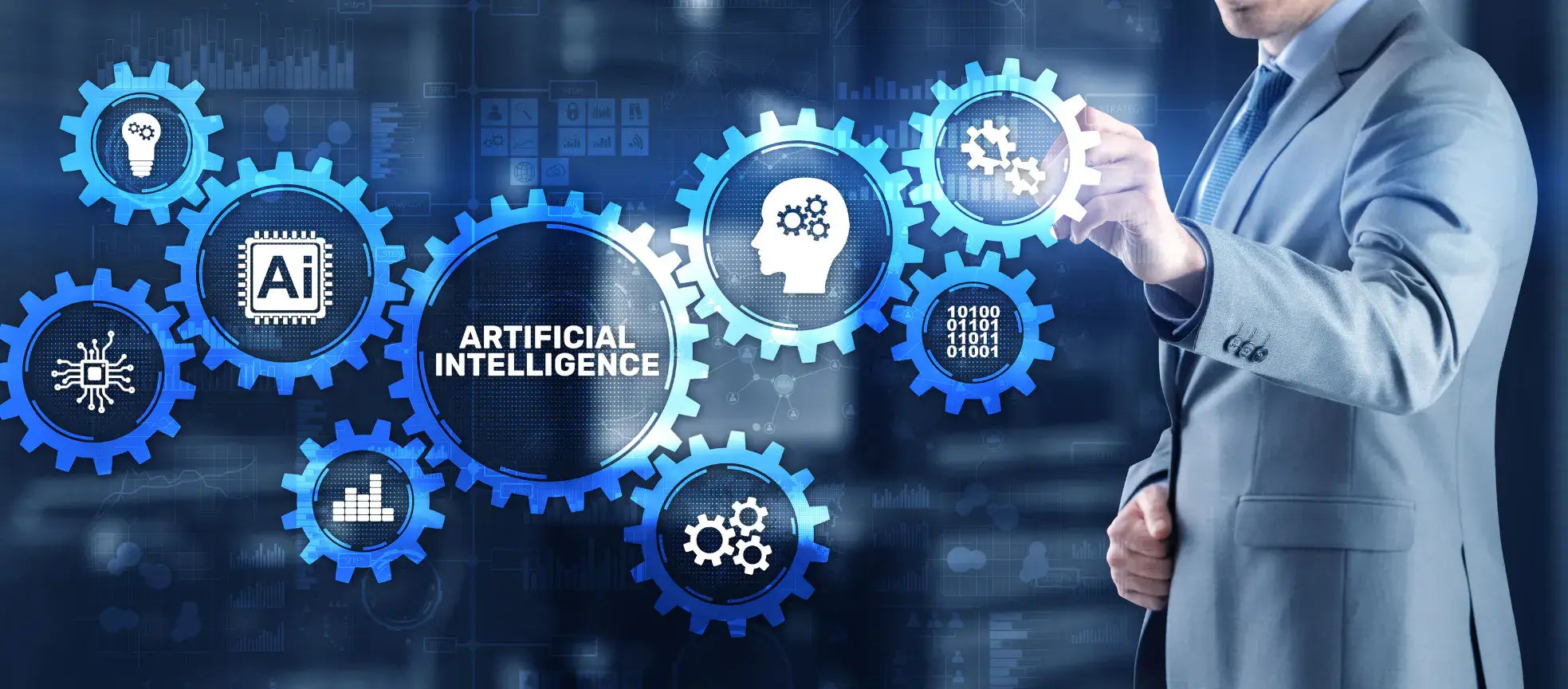 Businessman interacting with gears and icons representing artificial intelligence and machine learning concepts.