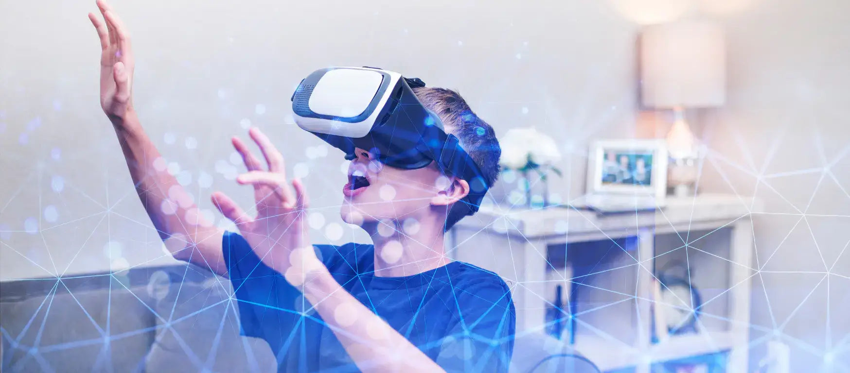 Student experiencing immersive learning through virtual reality headset in a home environment.