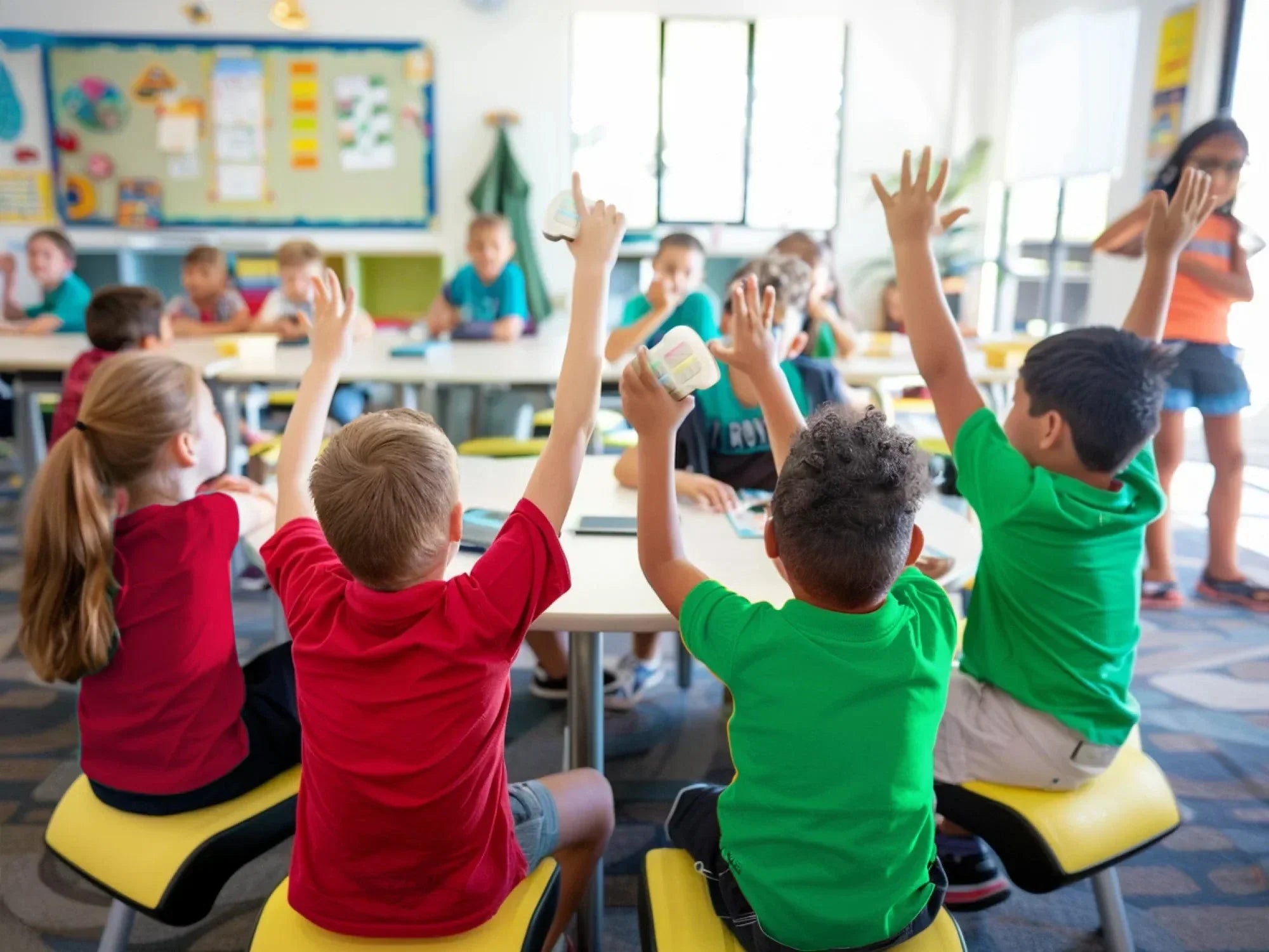 Children in a classroom raising hands, engaged in learning and participating in class activities.