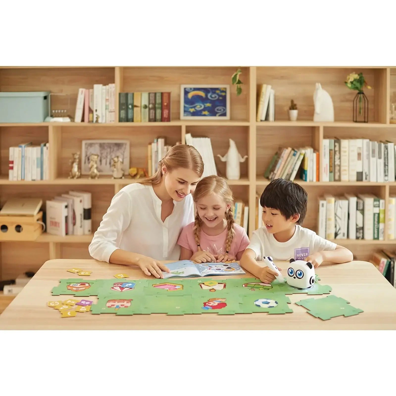 Family engaging in learning activities with a puzzle and storybook at home, promoting togetherness and education.