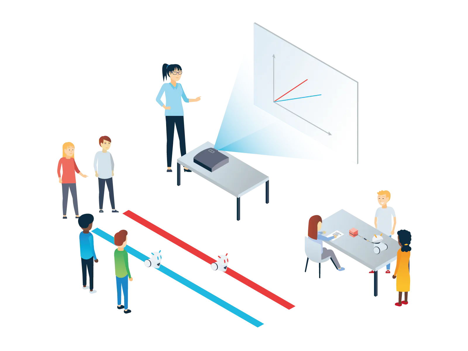 Illustration of a classroom with a projector and students engaging in learning activities.