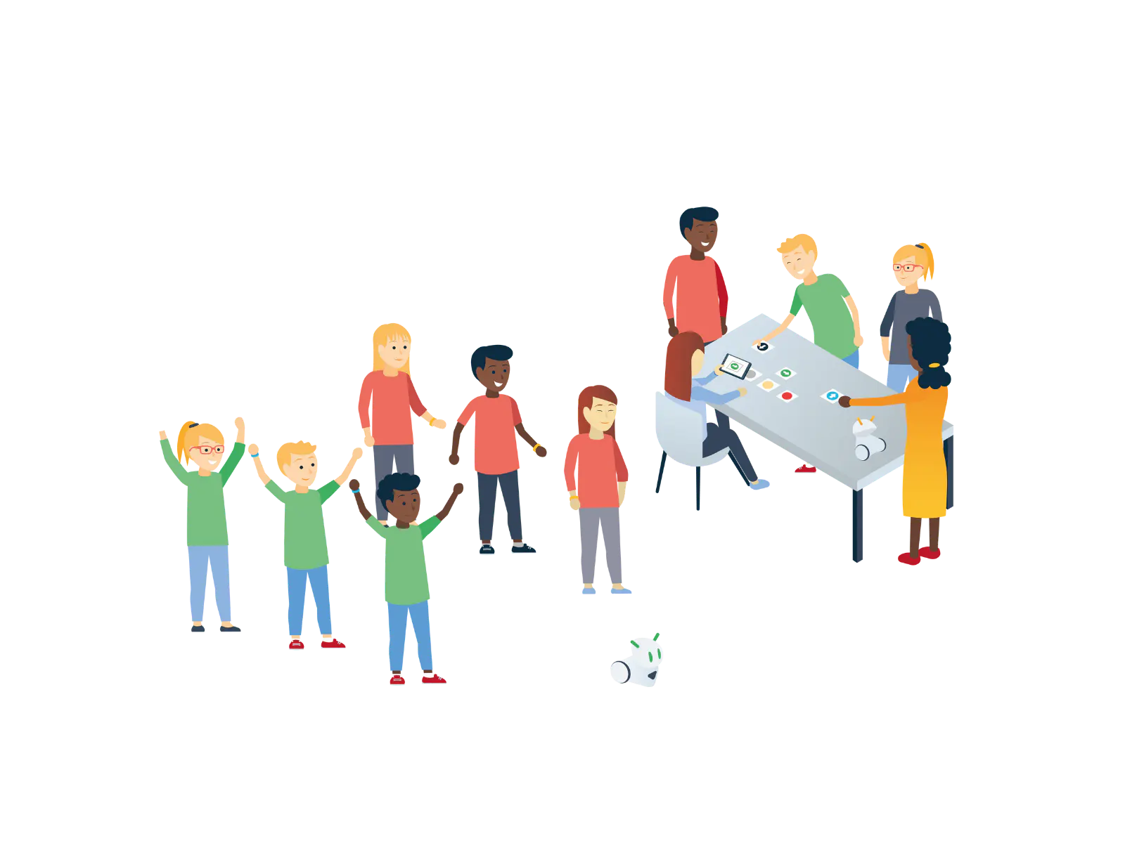 A diverse group of children excitedly engaging around a table, with a robot in the foreground.