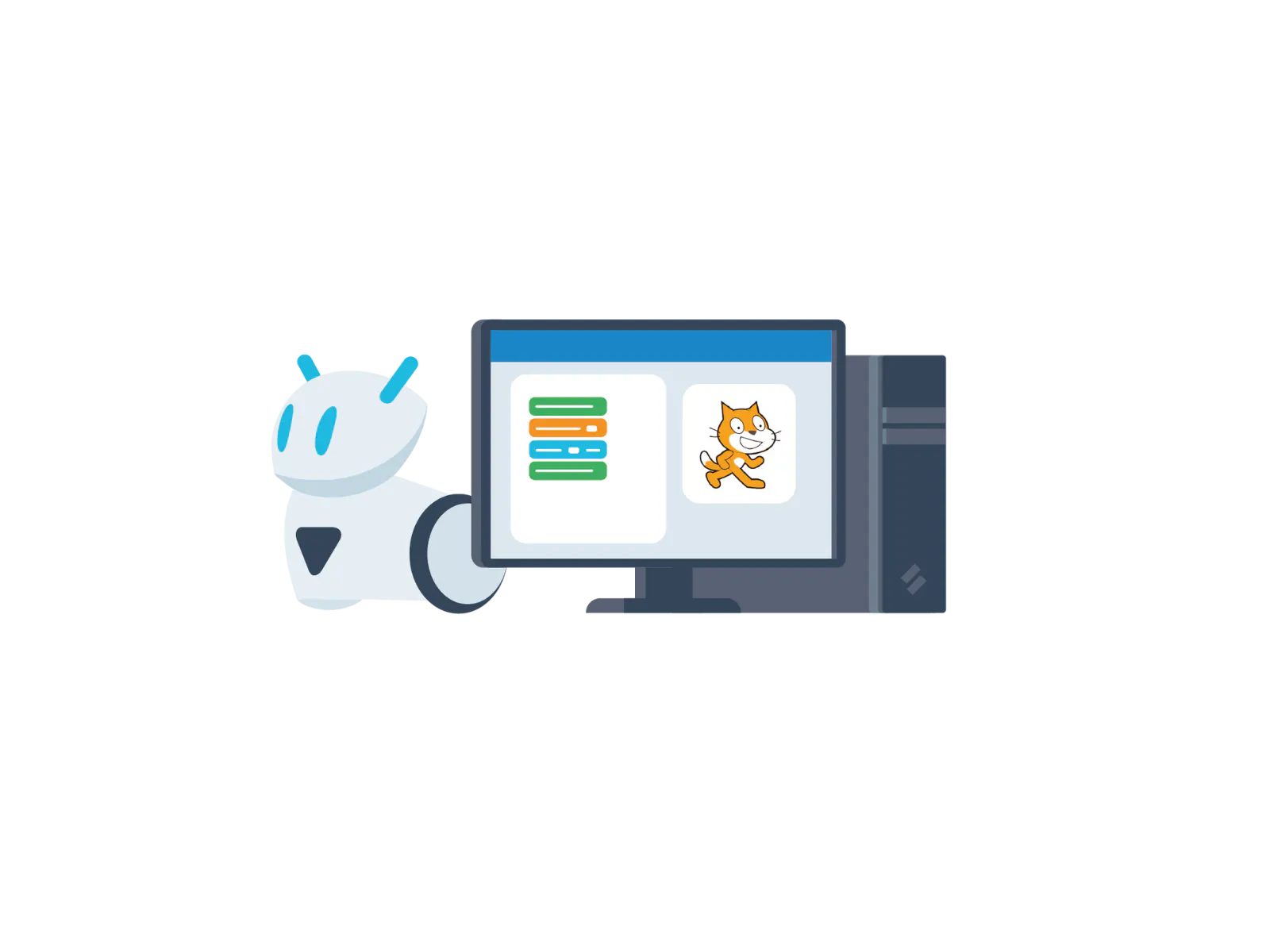 Illustration of a friendly robot next to a computer displaying a cat image and coding interface.