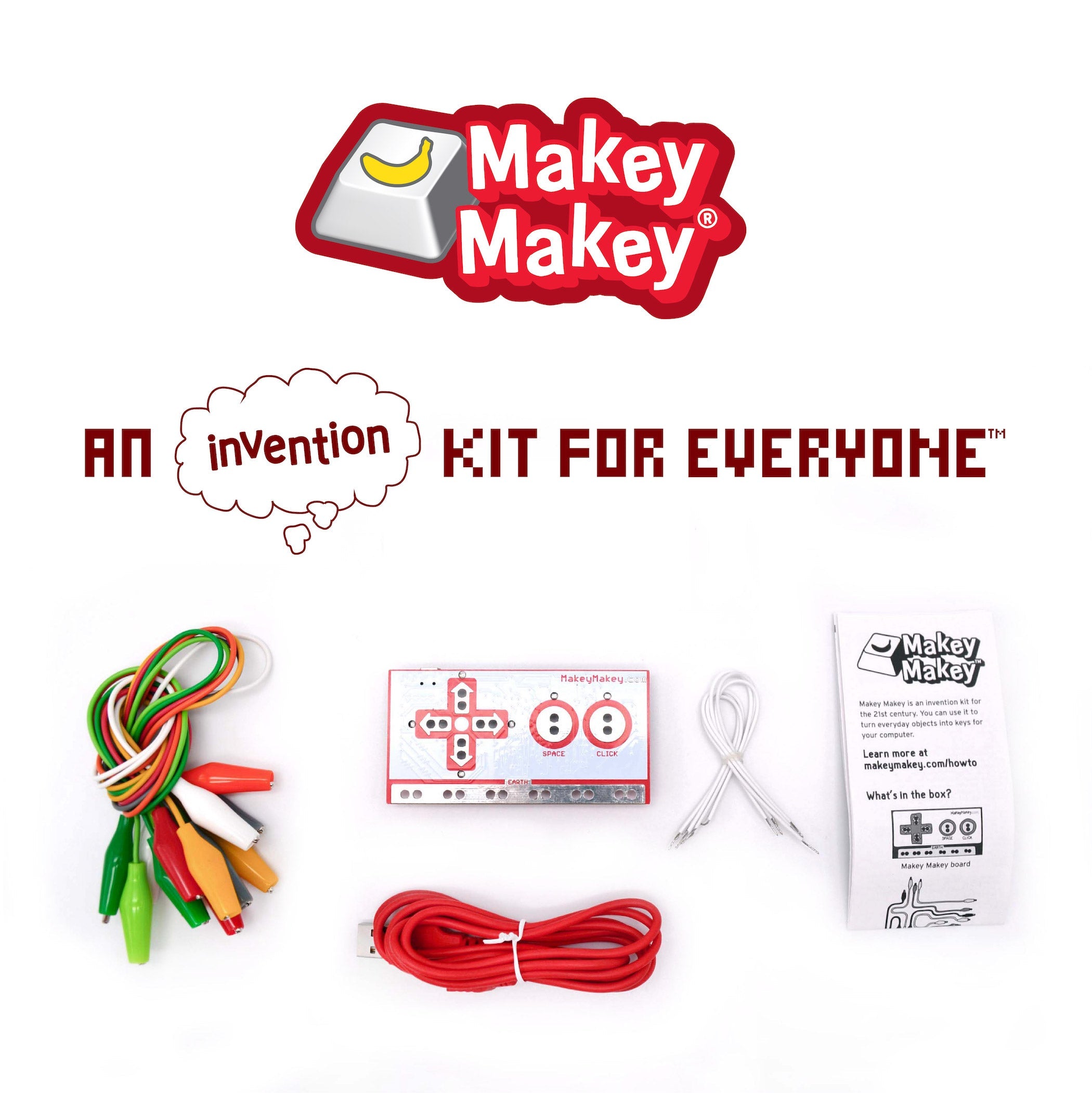Makey Makey invention kit with colorful alligator clips, main board, wires, and instruction manual for creative projects.