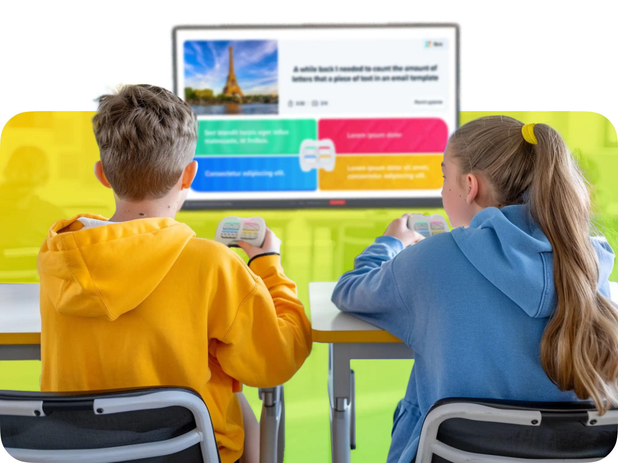 Two children participating in an interactive learning session using remotes in front of a screen.