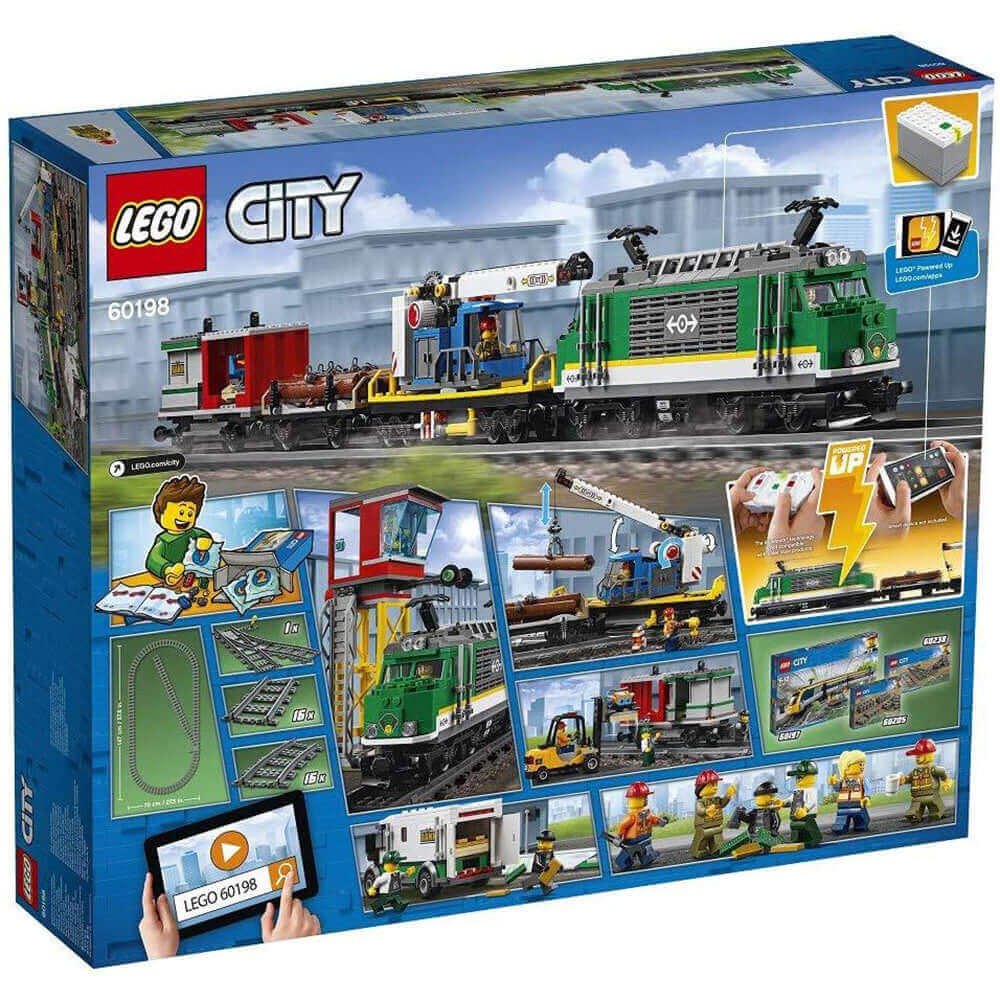 LEGO® City Cargo Train Set 60198 packaging with motorized engine, railway tracks, and cargo accessories.