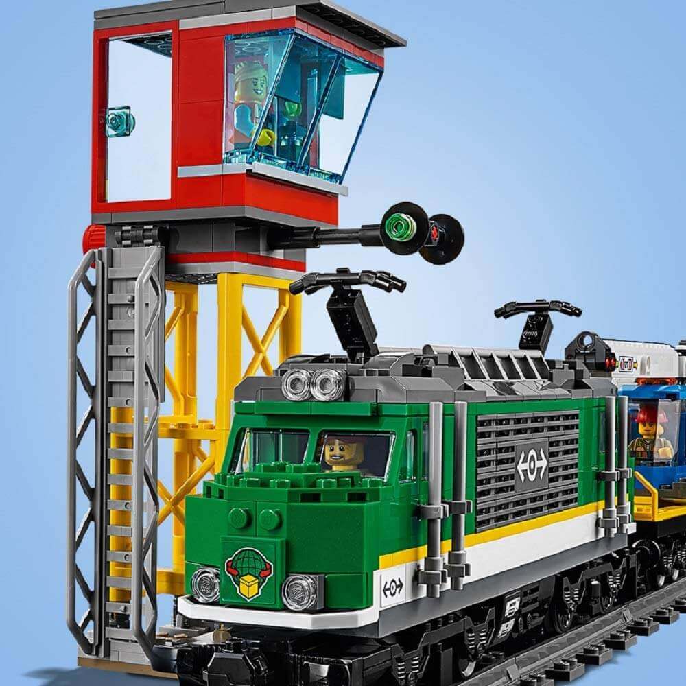 LEGO City Cargo Train Set 60198 with motorized engine and control tower, featuring a driver's cabin and detailed design.