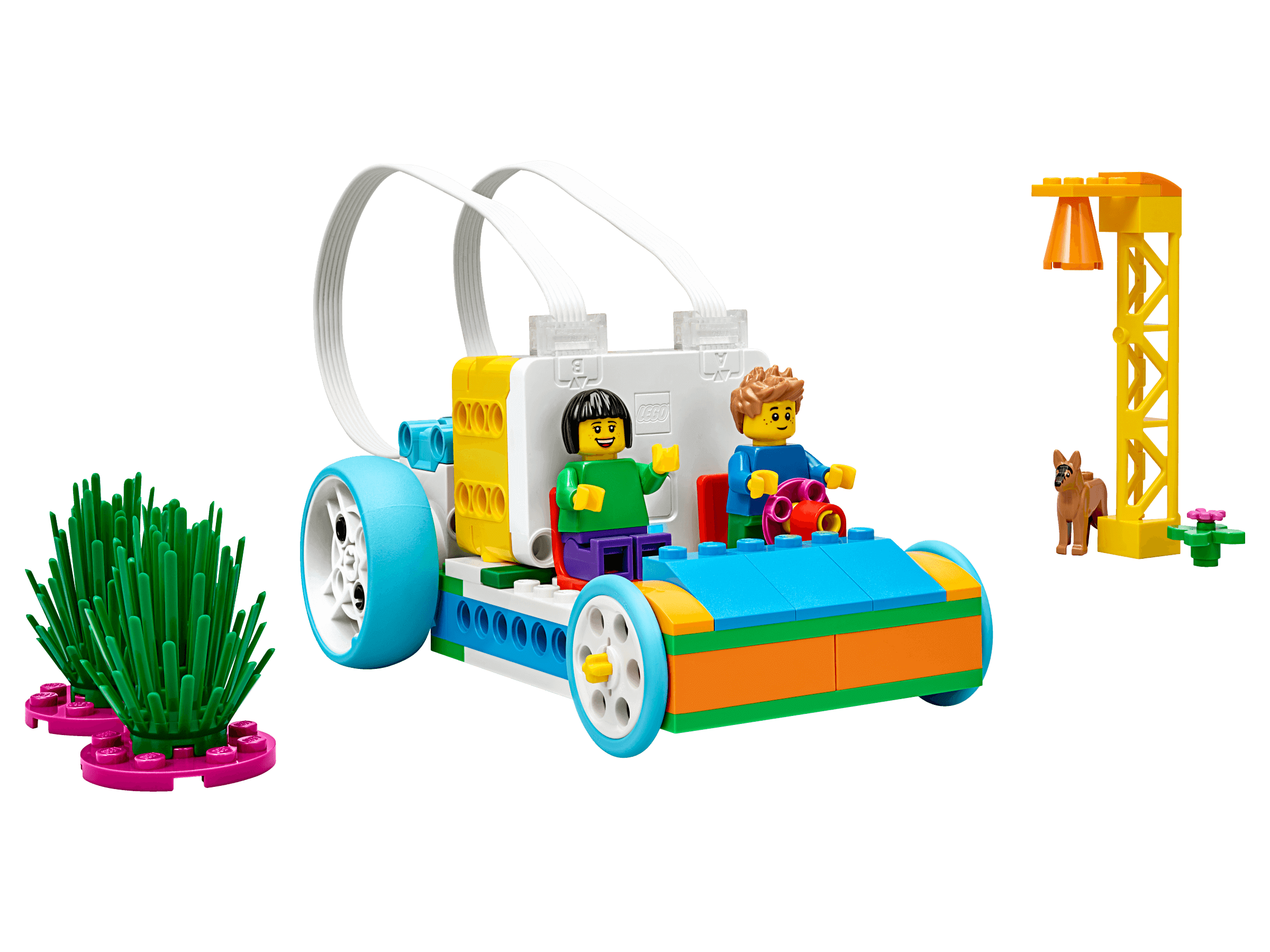 LEGO Education SPIKE Essential Set 45345 with car model, students, and learning accessories for STEAM education.