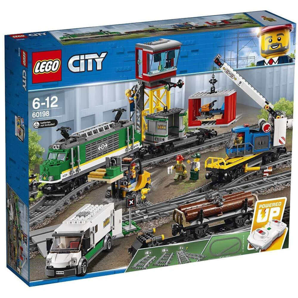 LEGO City Cargo Train Set 60198 with motorized engine, crane wagon, and armored truck in boxed packaging.