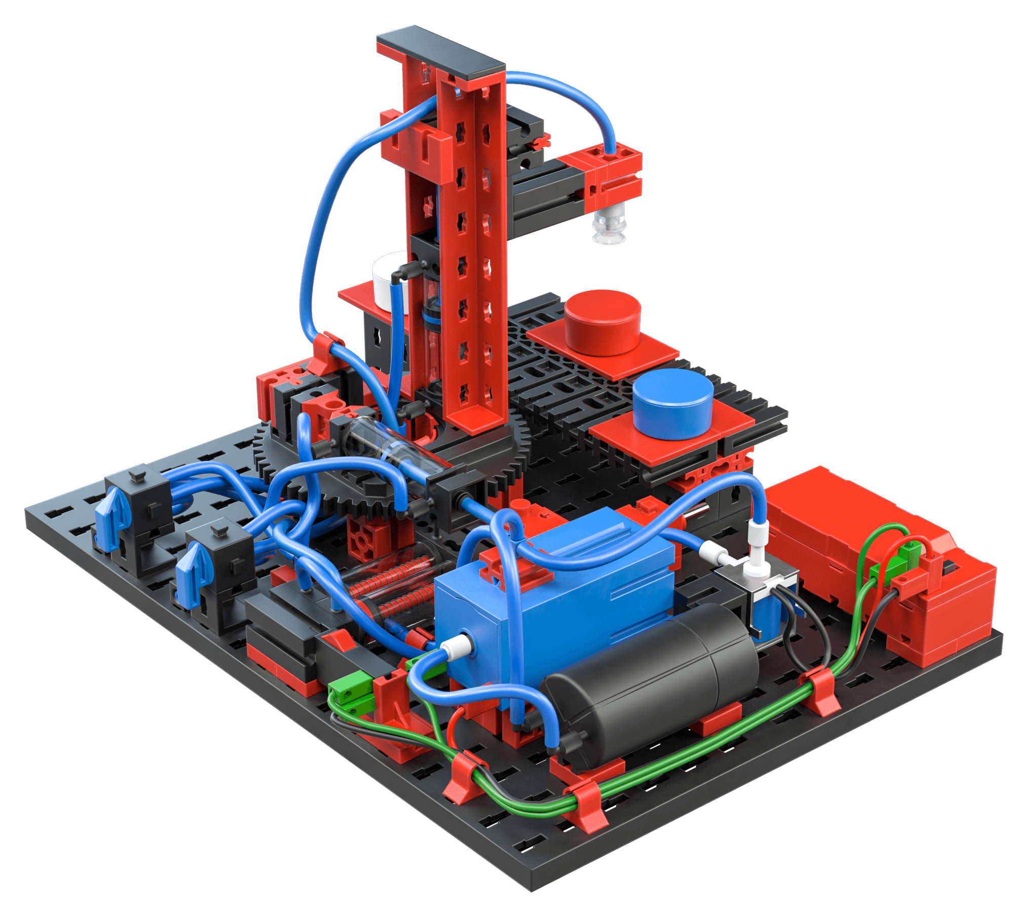 Colorful STEM pneumatics model showcasing basic principles of pneumatic systems with vibrant components.