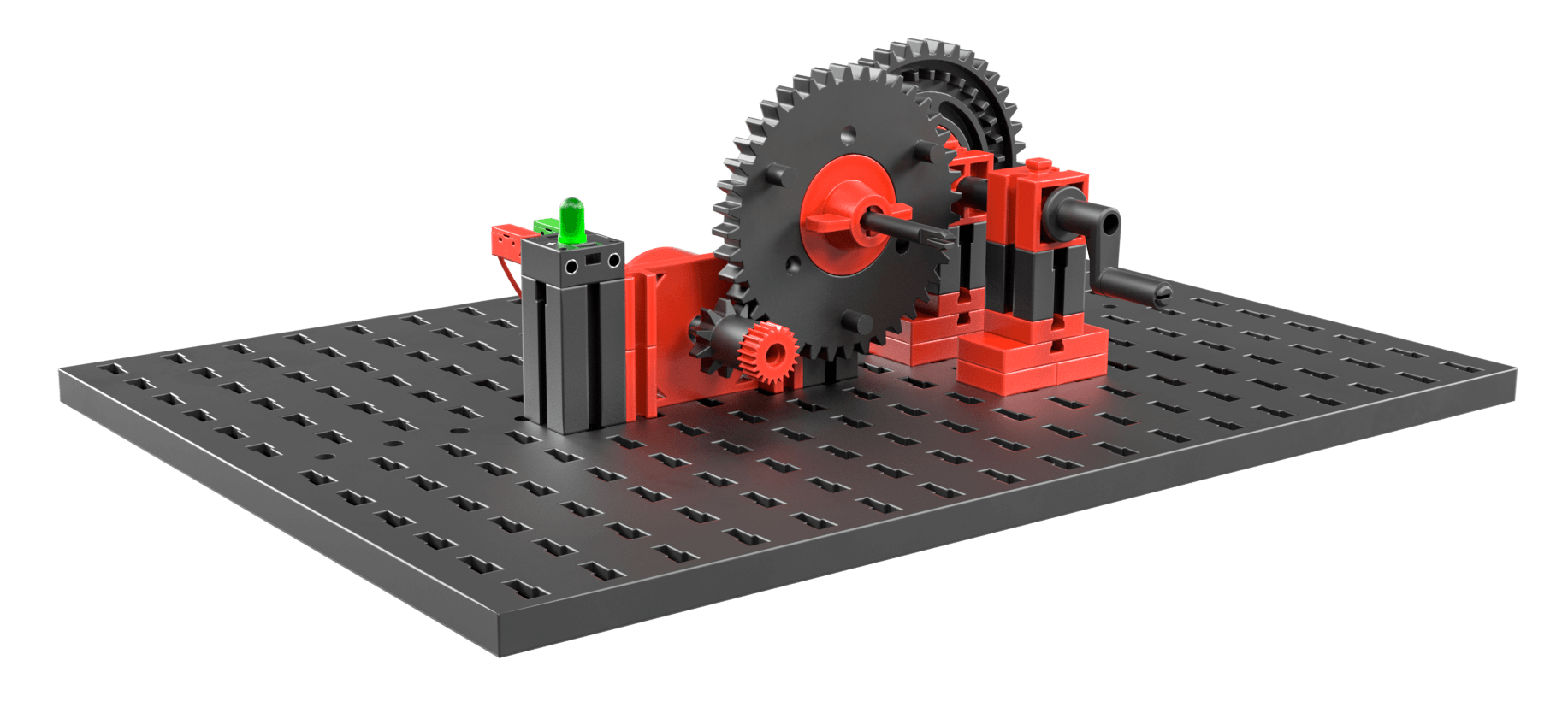 Educational model demonstrating renewable energy concepts with gears and mechanisms for STEM learning.