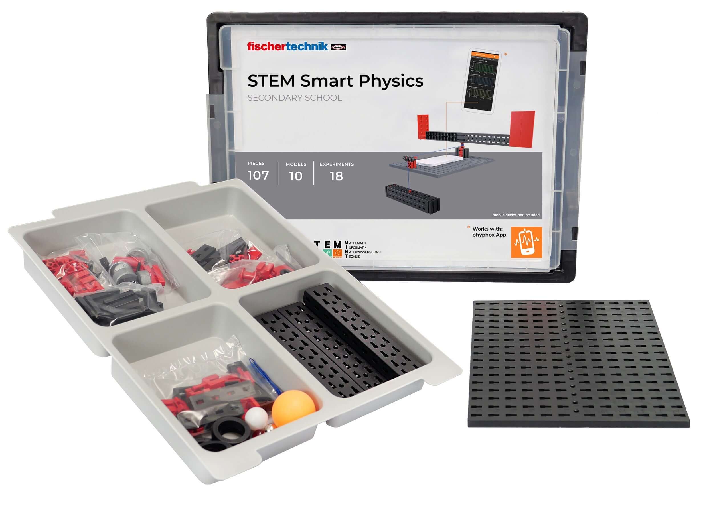 STEM Smart Physics kit by fischertechnik featuring construction pieces and data analysis tools for education.