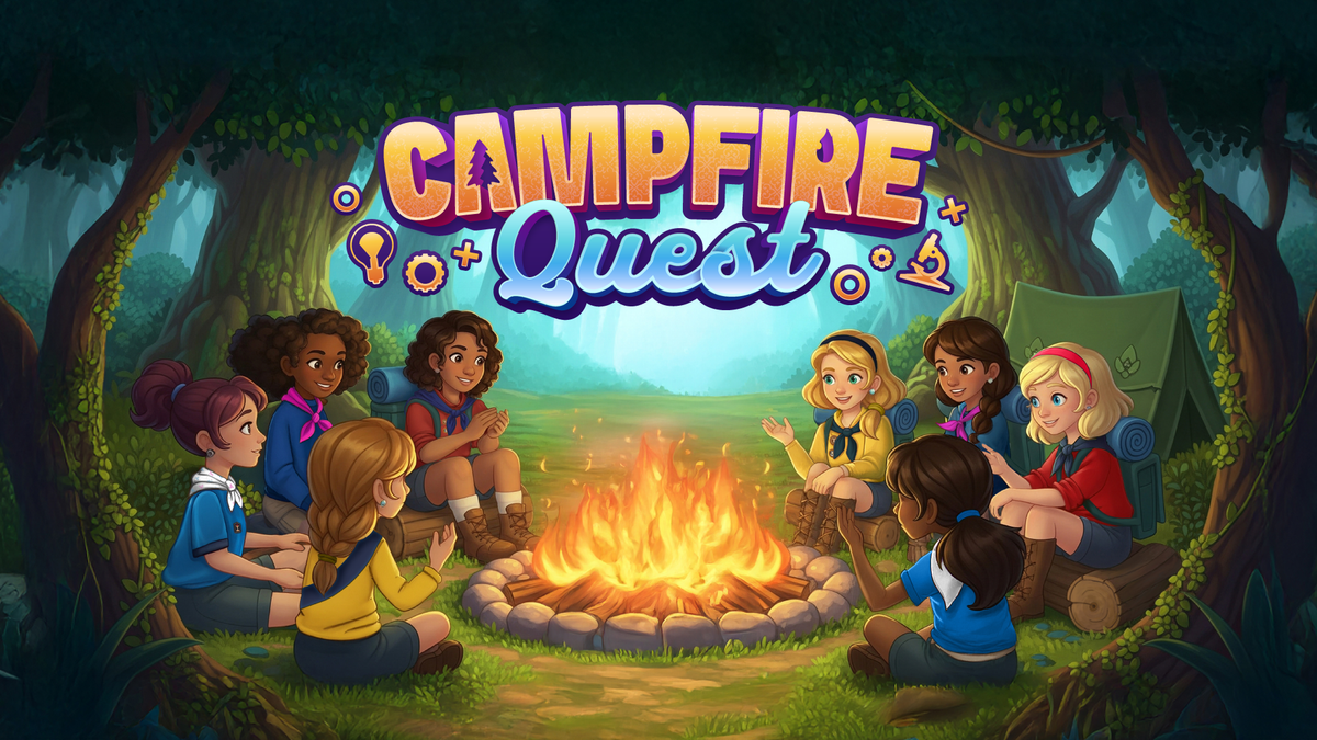 Colorful illustration of characters around a campfire, promoting the game 'Campfire Quest' in a forest setting.