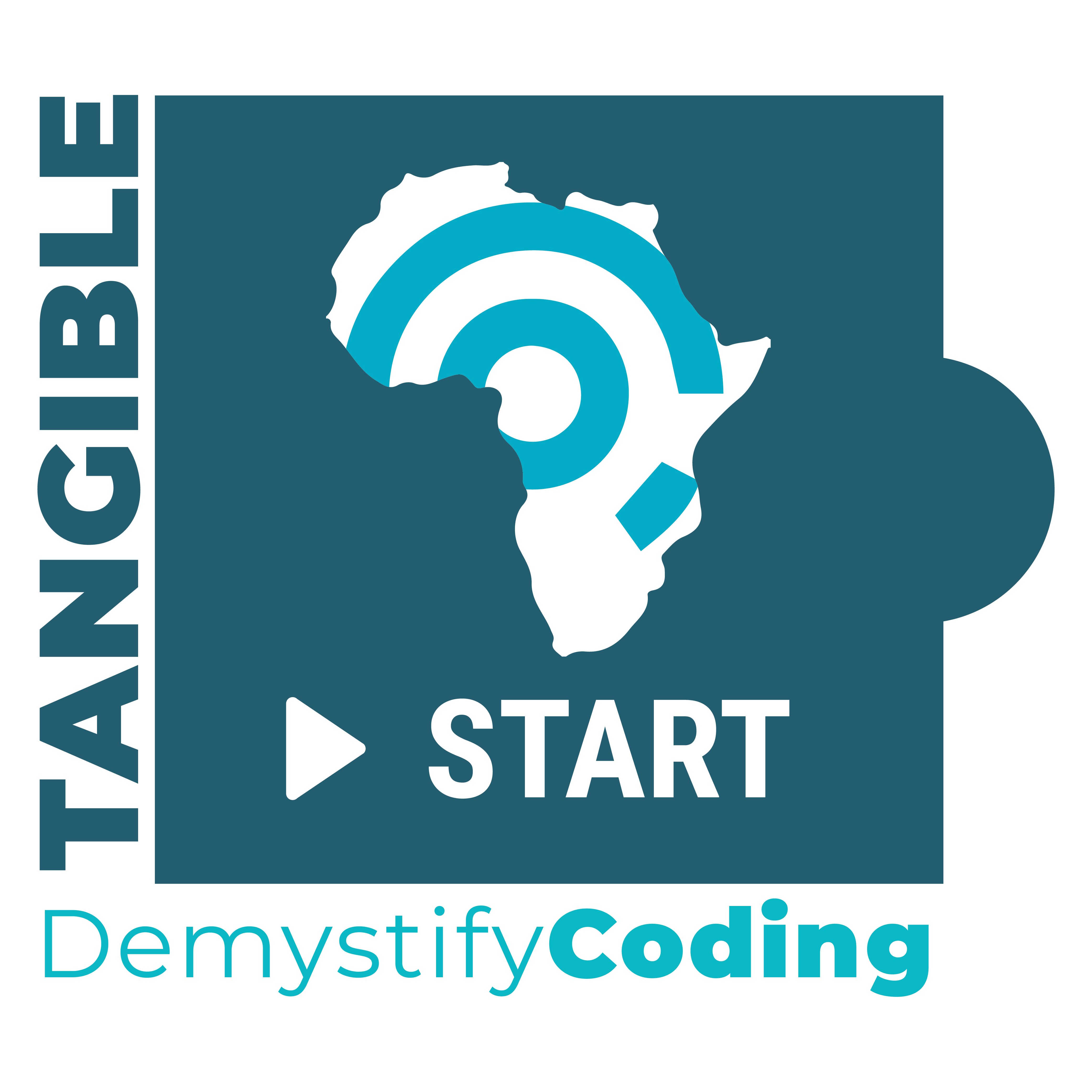 Logo of Tangible Demystify Coding featuring Africa with start button, emphasizing accessibility in coding.