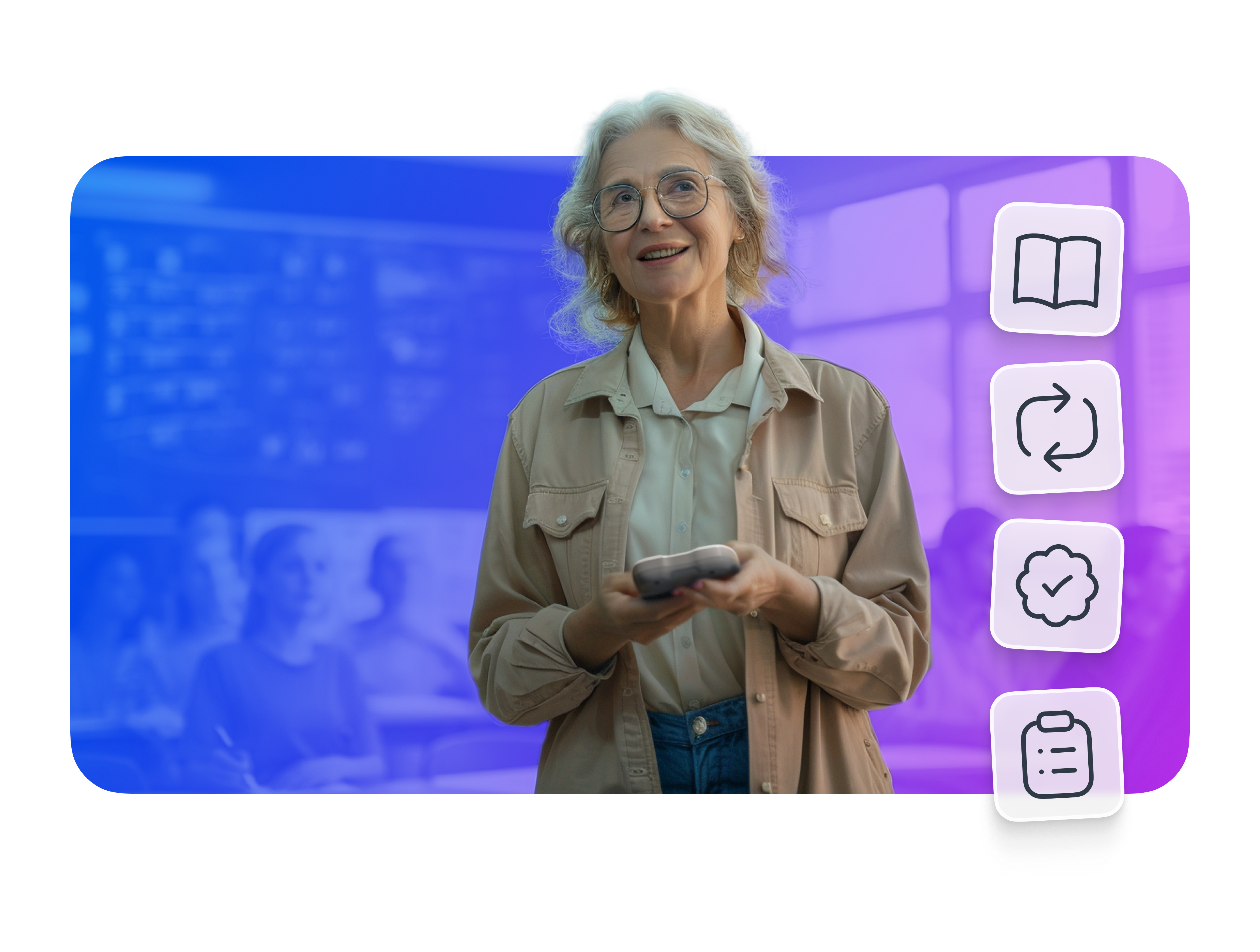 Happy older woman holding a remote in a classroom with icons representing education, refresh, and organization.