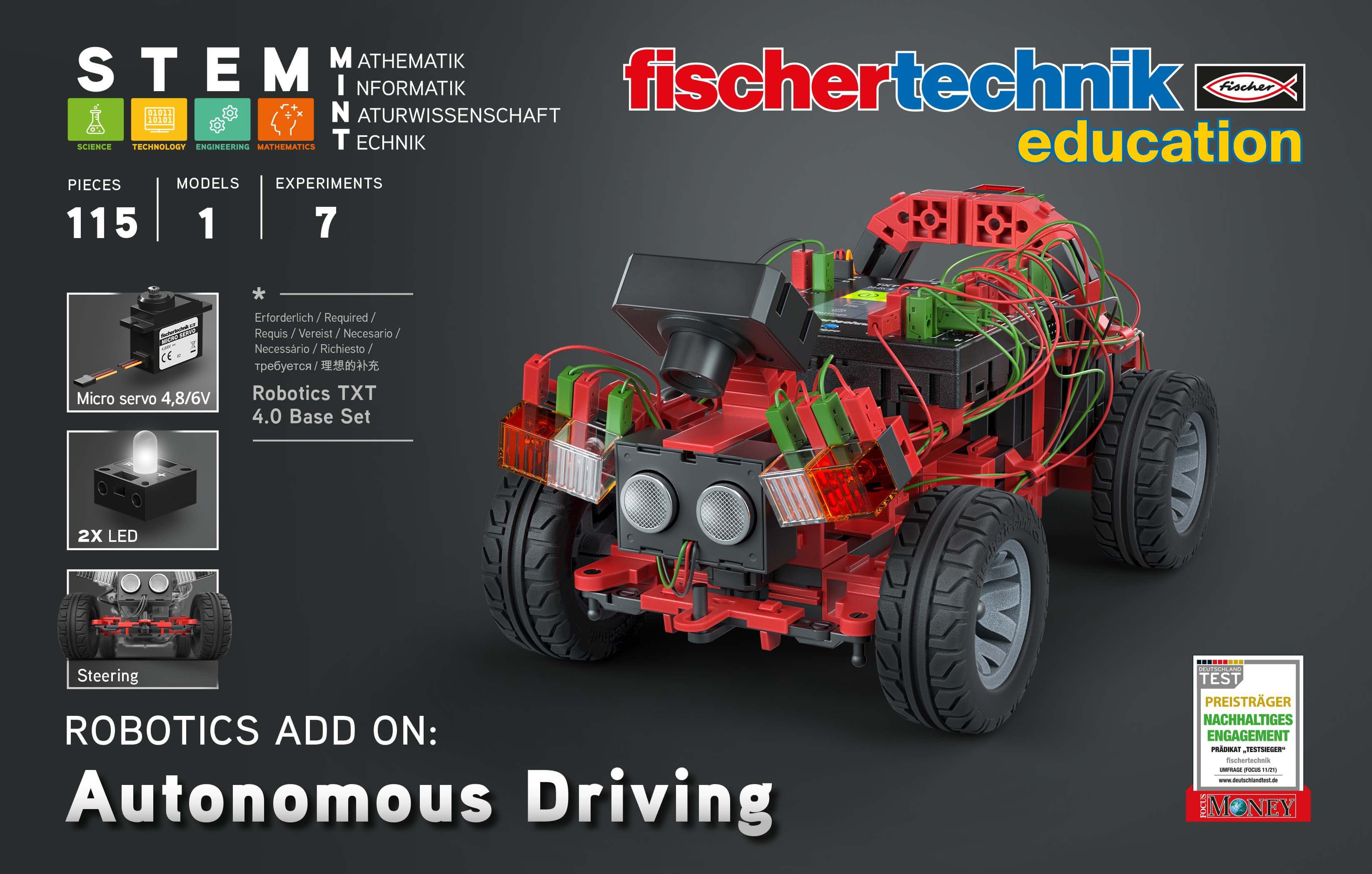 Robotics add-on set for autonomous driving featuring 115 pieces and 7 experiments for STEM education.
