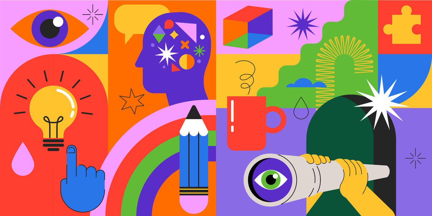 Colorful abstract illustration featuring ideas, creativity, and symbols of exploration and discovery.