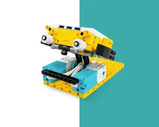 Colorful robotic model made of building blocks, showcasing creativity in robotics and design.