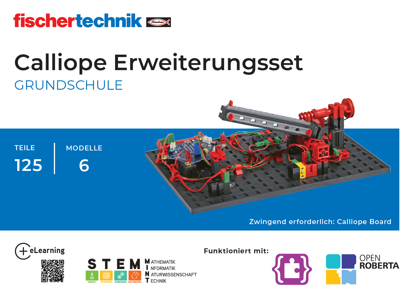 Calliope starter set for programming in elementary school, featuring 125 parts and 6 models for STEM education.