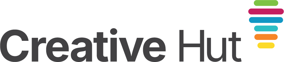 Creative Hut logo featuring colorful stacked elements with bold text for branding and design.