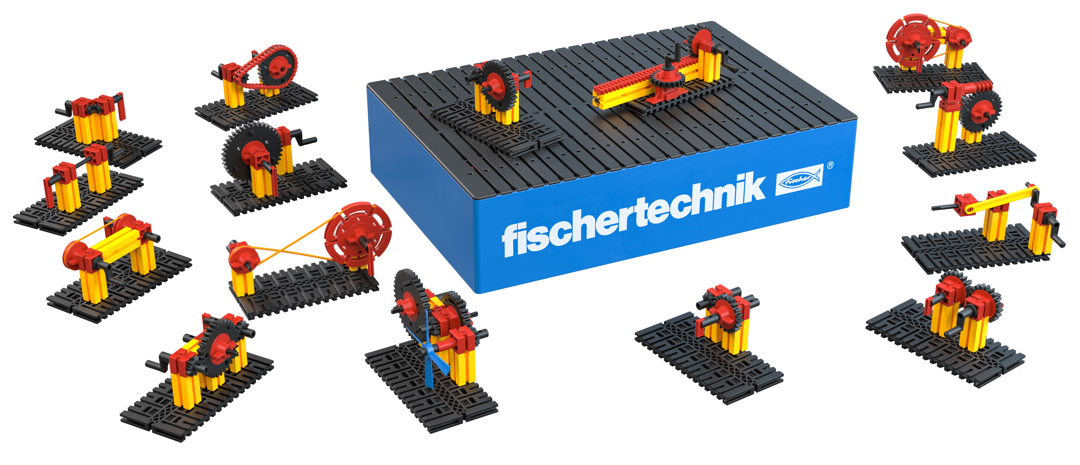 Fischertechnik CLASS SET Gears for teaching gear basics in primary school, featuring red and yellow models and interactive designs.