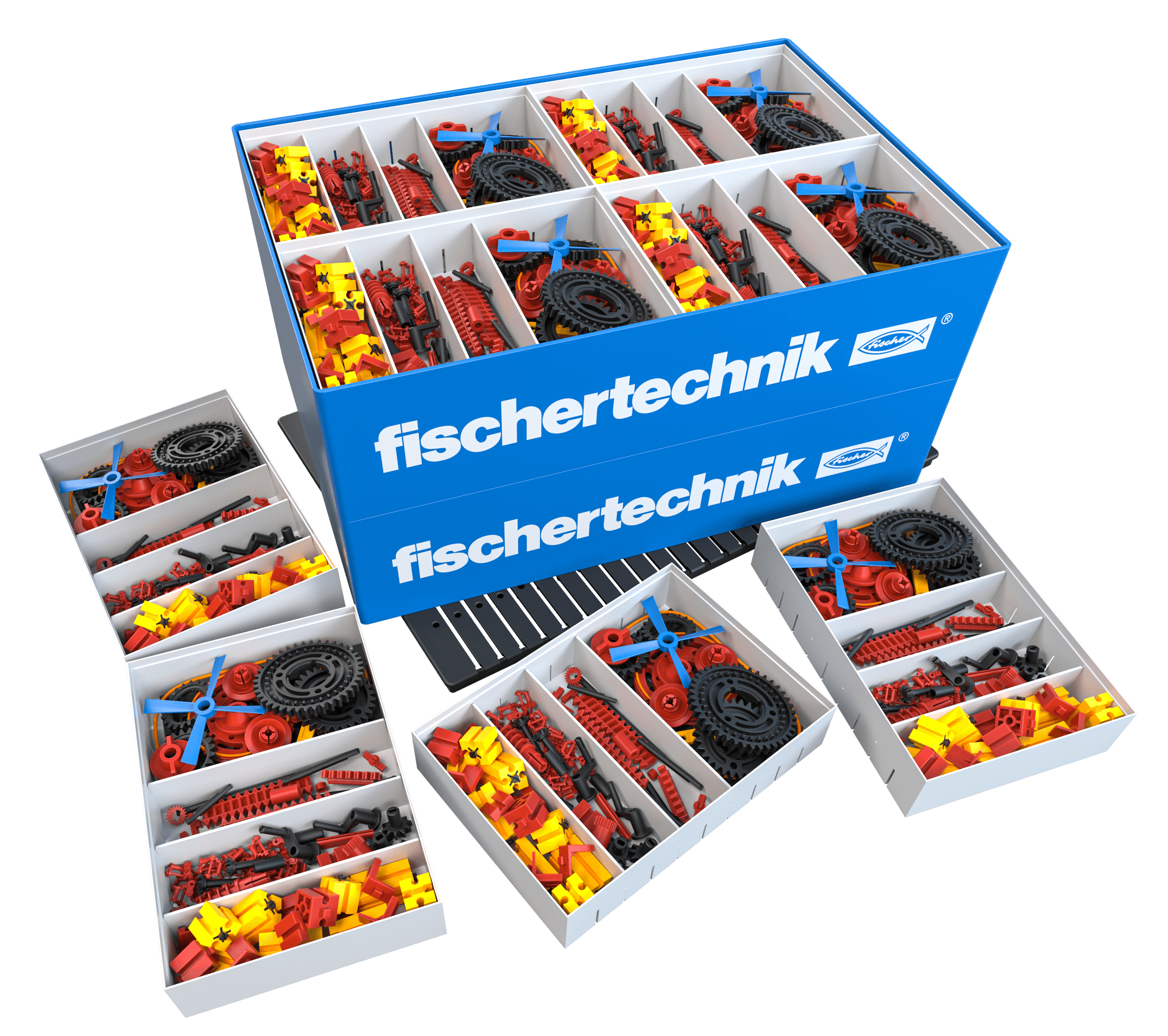 Colorful fischertechnik CLASS SET Gears with various gears, wheels, and building components for educational purposes.