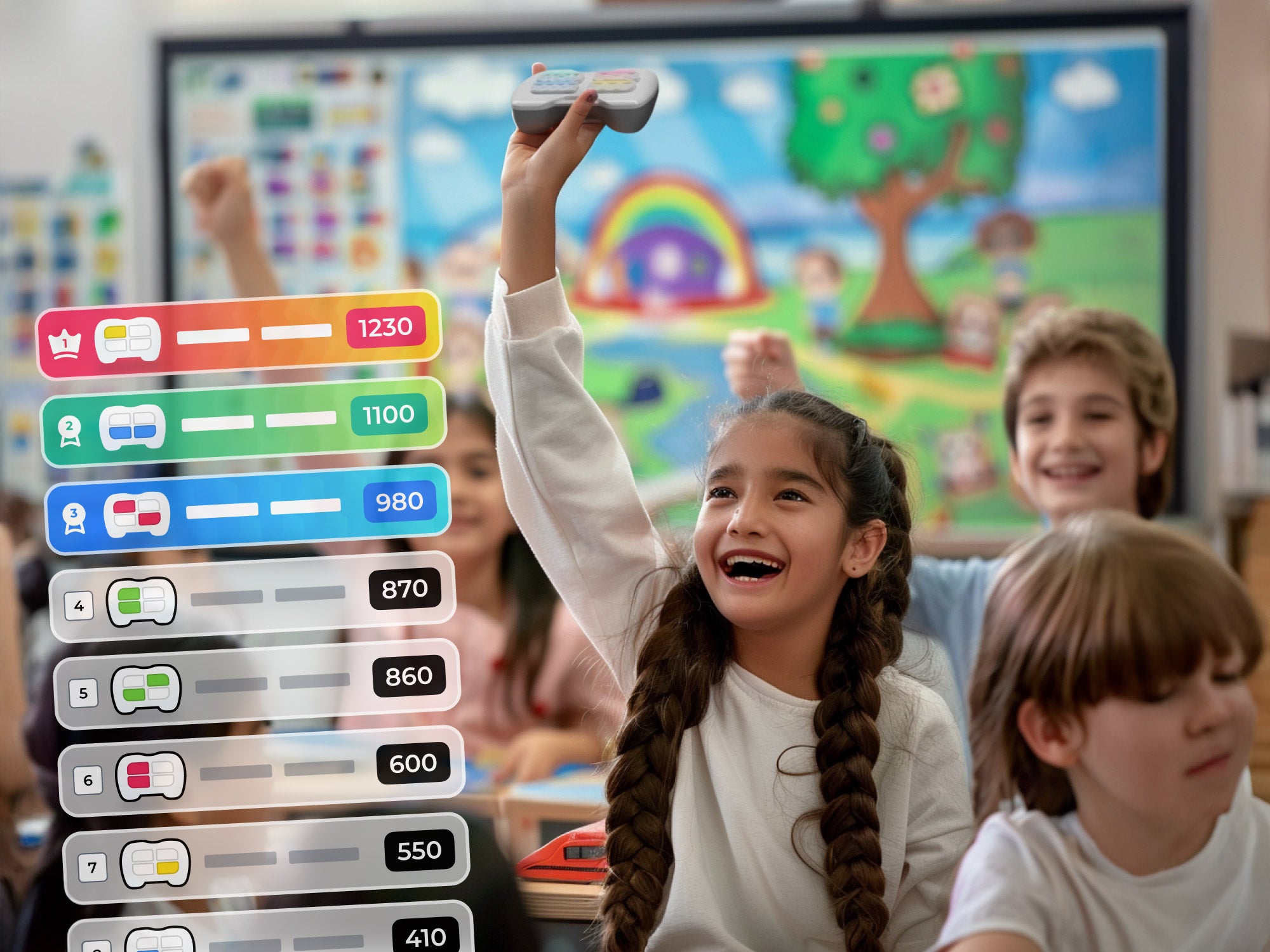 Excited children in a classroom engaging with interactive learning technology, showcasing game scores and progress.
