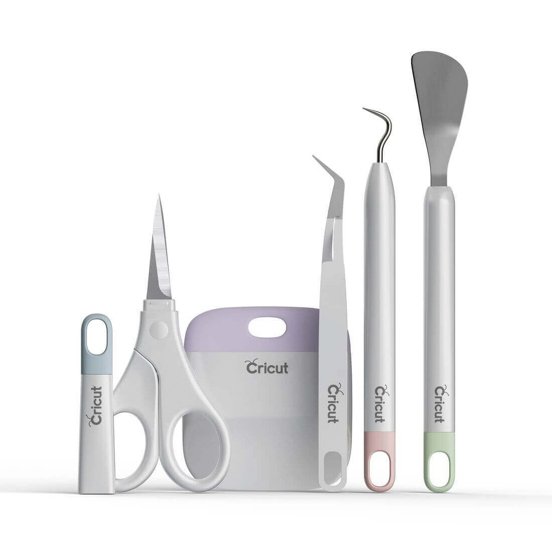 Cricut Basic Tool Set featuring essential tools for crafting, including scissors, tweezers, and a spatula, in stylish colors.