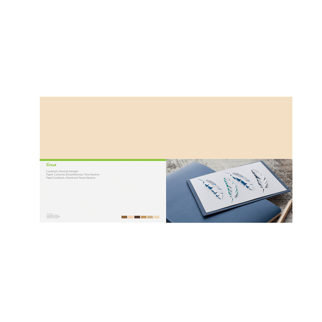 Cricut cardstock 12x24" neutrals sampler, featuring premium textured sheets and a crafted card example.