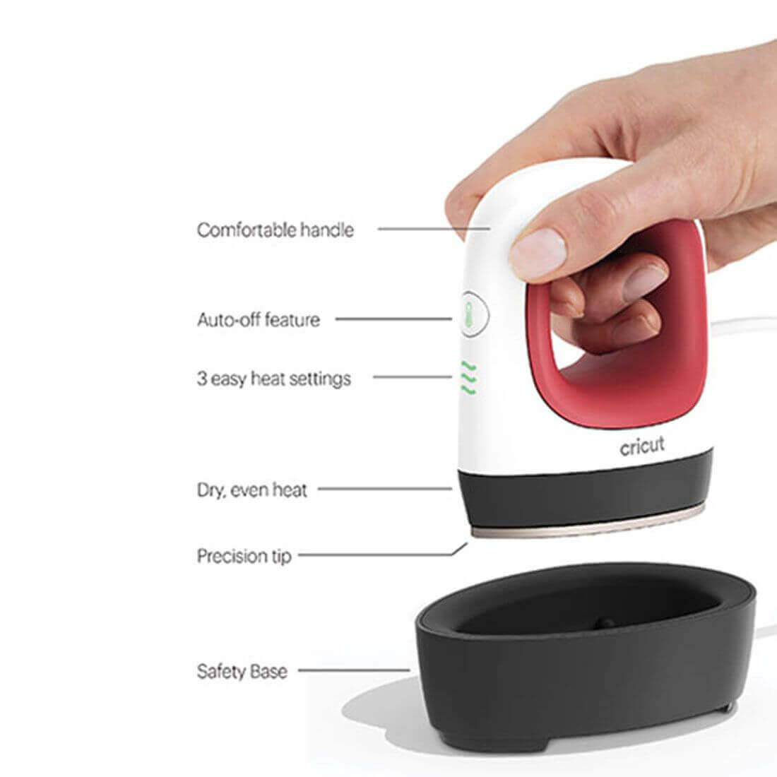 Cricut EasyPress Mini in hand showcasing features like comfortable handle, safety base and auto-off.