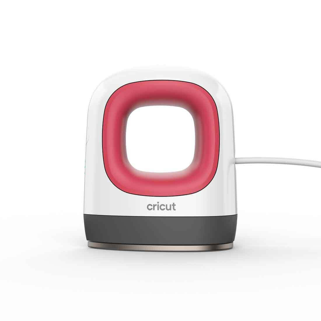 Cricut EasyPress Mini in white and red, compact design for heat-transfer projects on small items.
