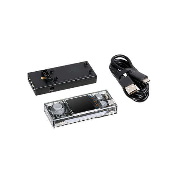 CyberPi Go Kit components including microcomputer, battery pack, and USB cable for learning AIoT and Python.