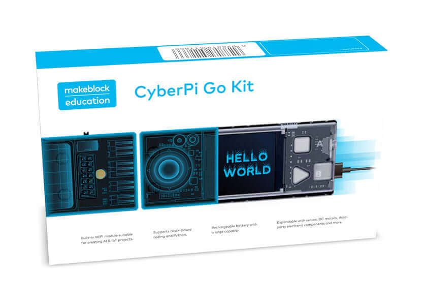 CyberPi Go Kit box showcasing programmable features for teaching AIoT and Python, with a full-color display and sensors.