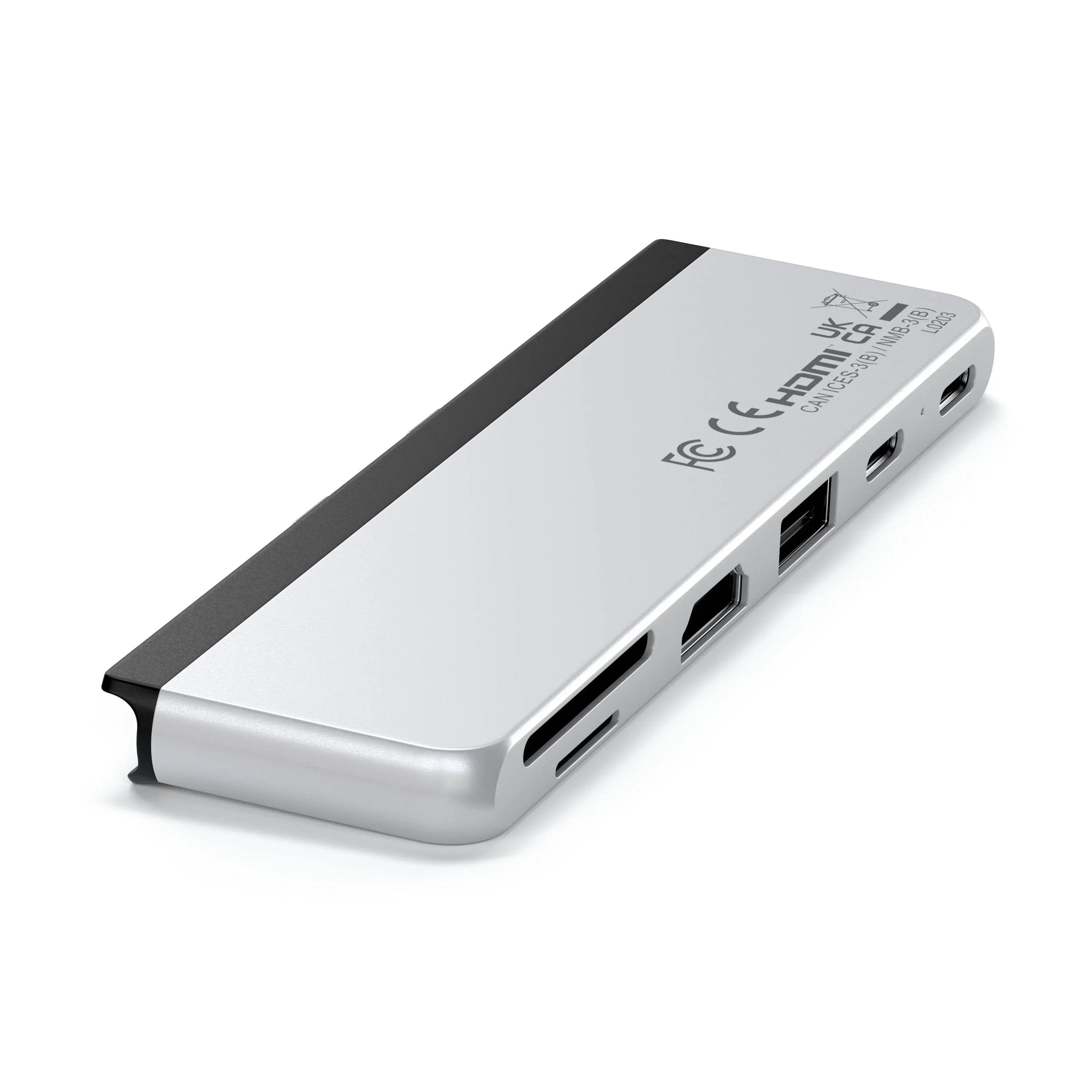 Satechi Dual USB-C Hub for Surface Pro 9, showcasing sleek design and multiple connectivity ports.