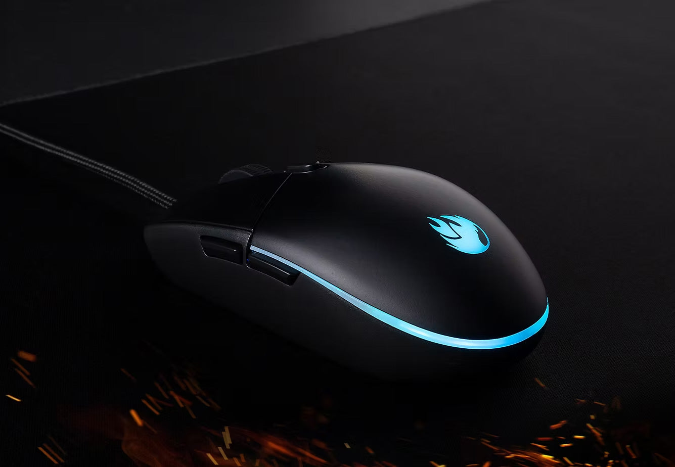 Sleek black gaming mouse with glowing blue accents and flame logo on a dark surface.