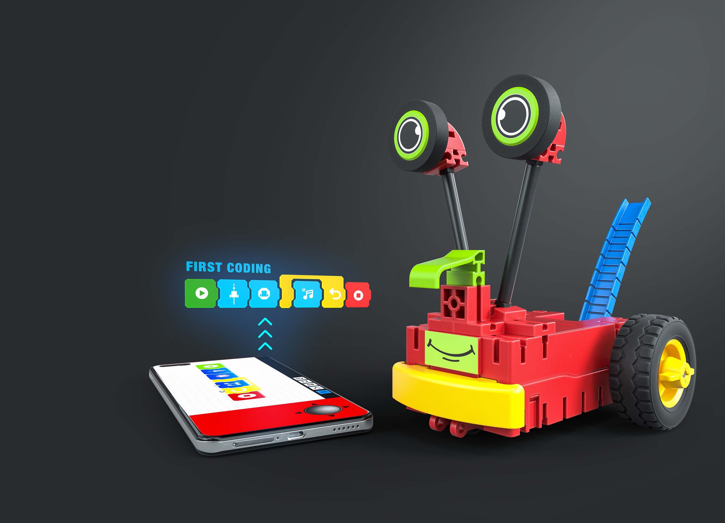 Colorful coding robot with smartphone displaying coding blocks for primary school education.