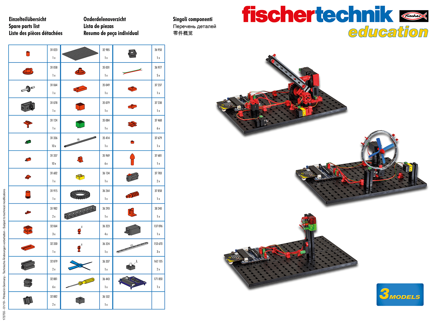 fischertechnik education components for building 3 models with detailed spare parts list on the left.