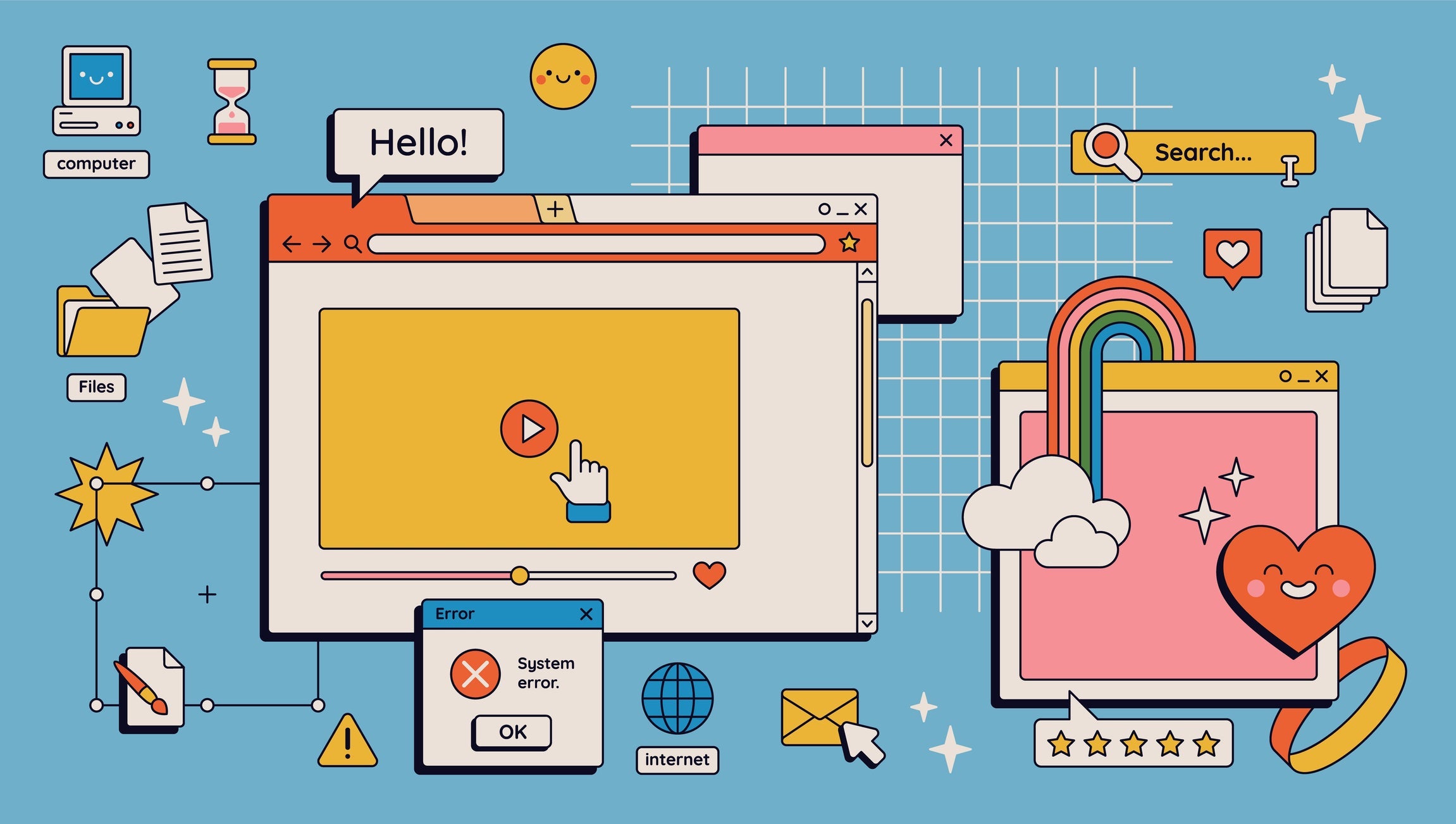 Colorful illustration of internet windows with play button, error message, and fun graphics representing online interaction.