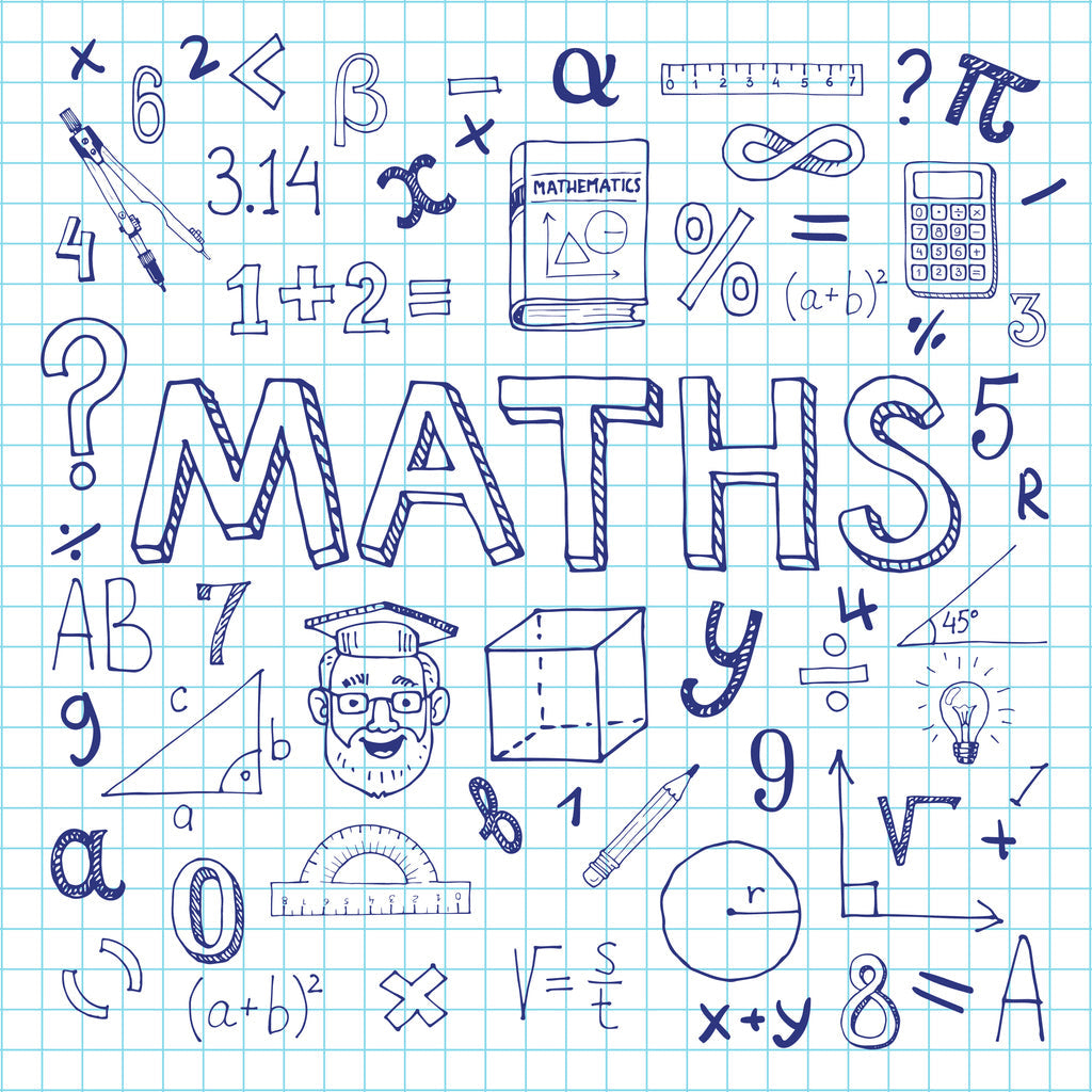 Doodle-style math illustrations including equations, symbols, and tools on graph paper, highlighting the theme of mathematics.