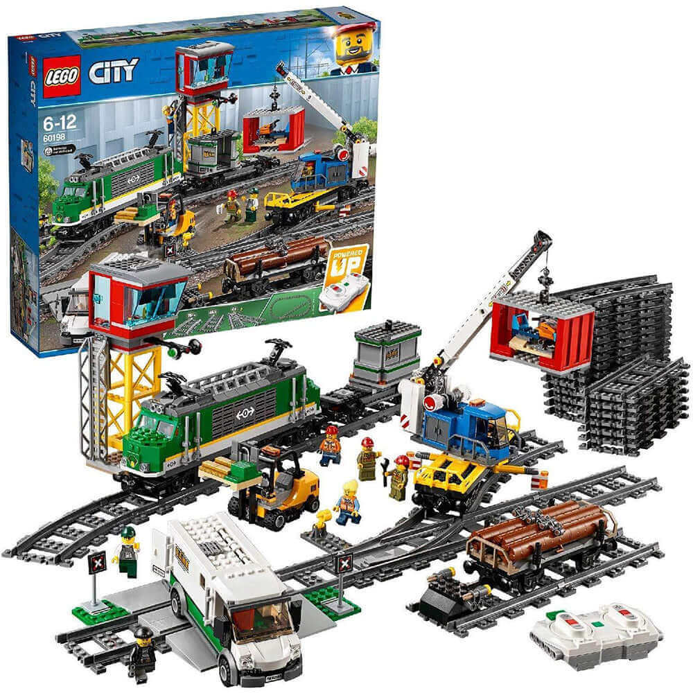 LEGO® City Cargo Train Set 60198 showcasing motorized train, crane wagon, and mini-figures for hours of imaginative play.