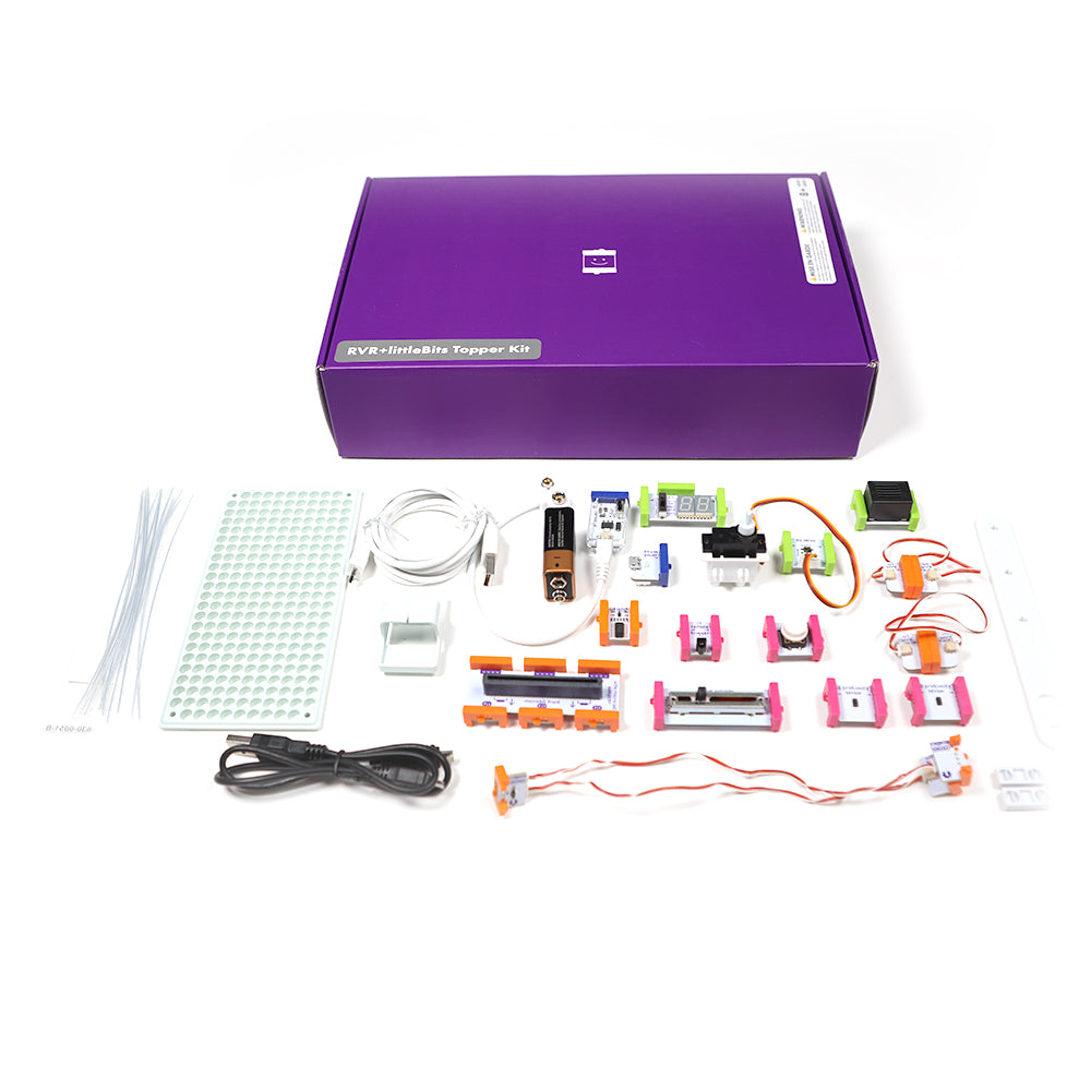 littleBits RVR+ Topper Kit components including sensors, connectors, and a purple box, ideal for creative robotics projects.