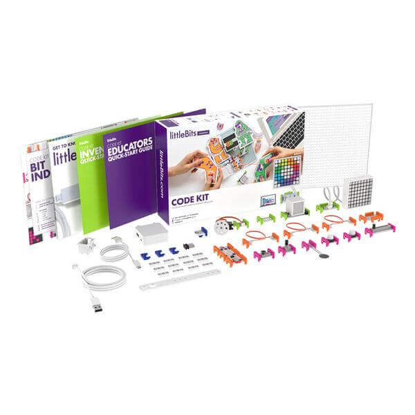 littleBits Code Kit with accessories, guides, and building blocks for coding and electronics education.
