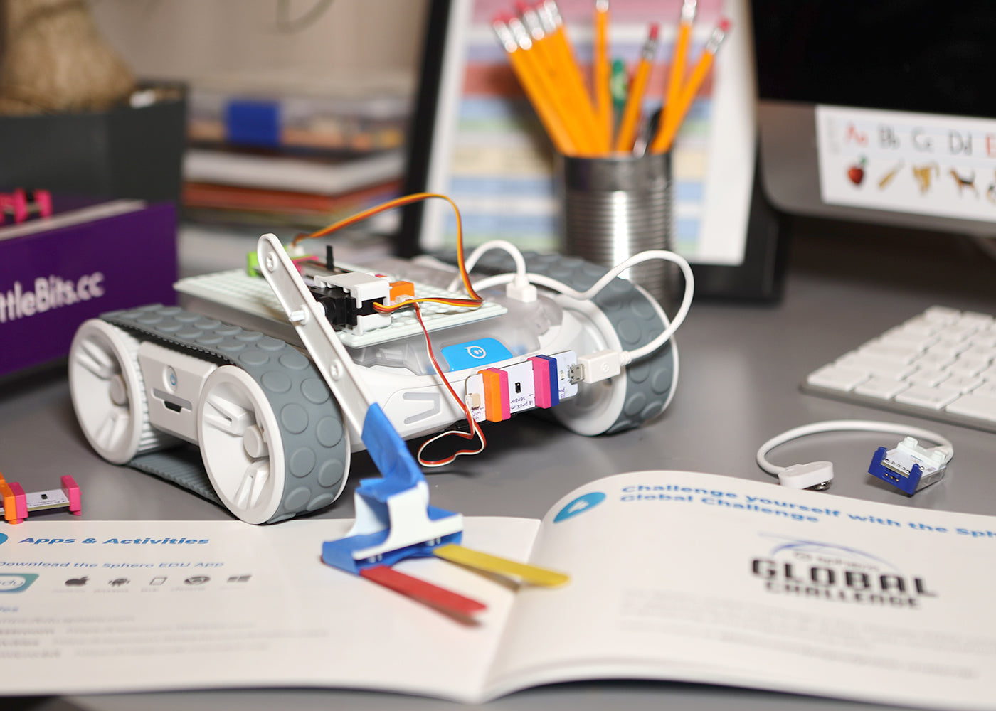 Sphero RVR with littleBits Topper Kit on a desk, showcasing its creative inventions and coding activities.