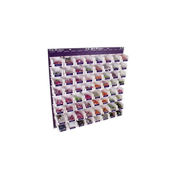 littleBits wall storage with 5 purple metal panels and assorted plastic bins for organizing Bits easily