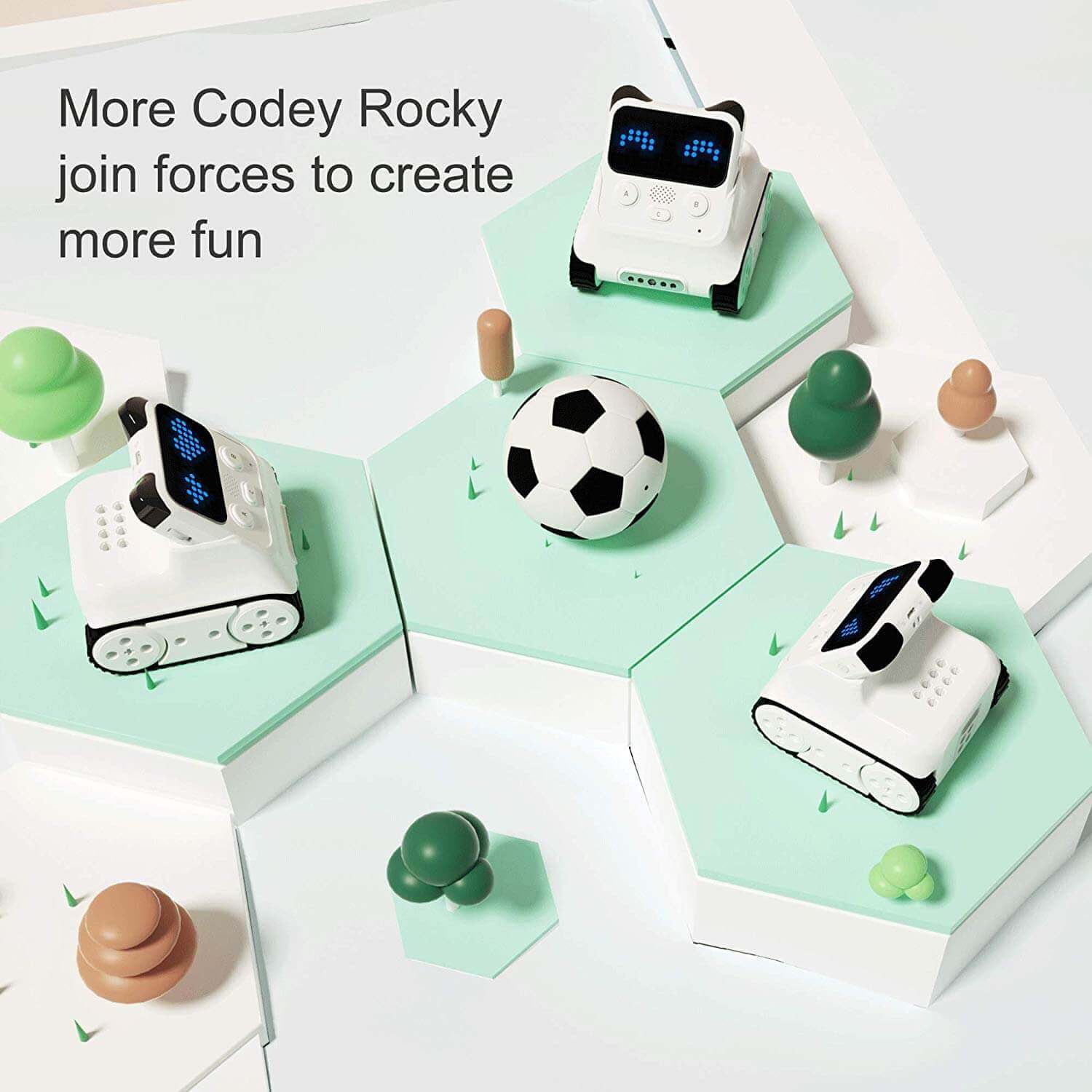 Makeblock Codey Rocky education robot on a playful learning platform promoting coding fun for kids.