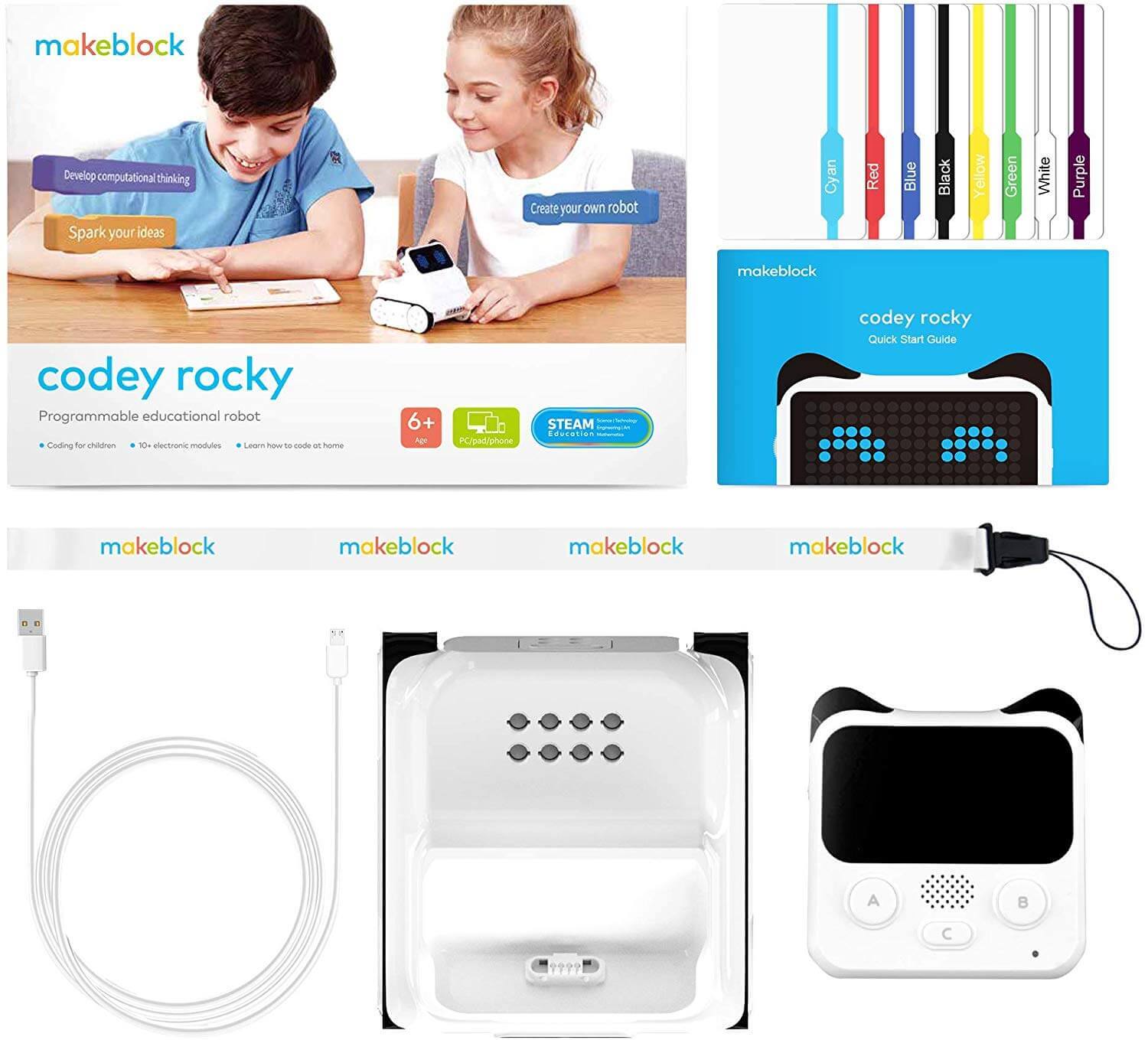 Makeblock Codey Rocky educational robot set for kids, including programmable robot, USB cable, and coding materials.