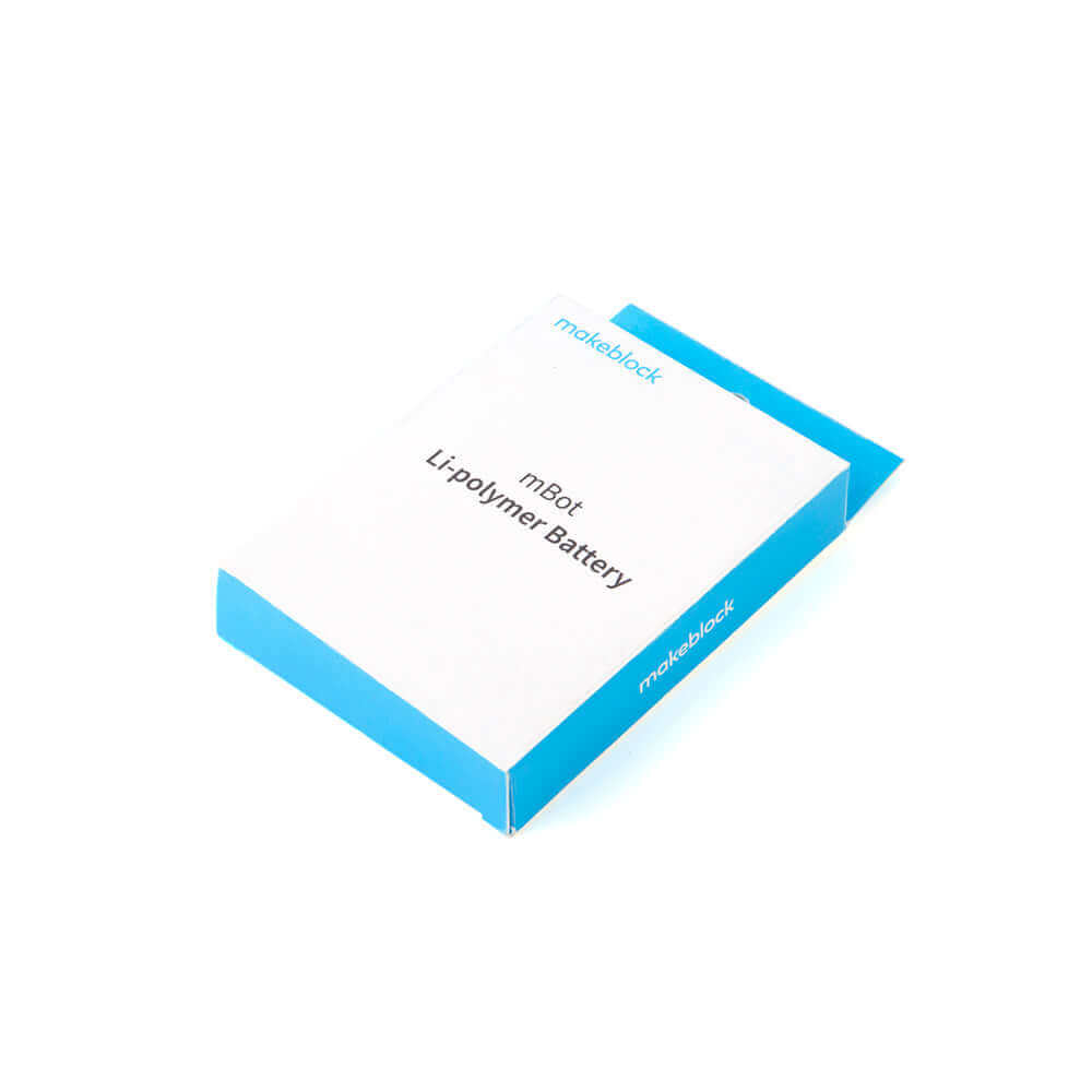 Packaging of Makeblock mBot Li-polymer Battery, 4.2V 1800mAh, designed for mBot line-up, quick charging and long-lasting.